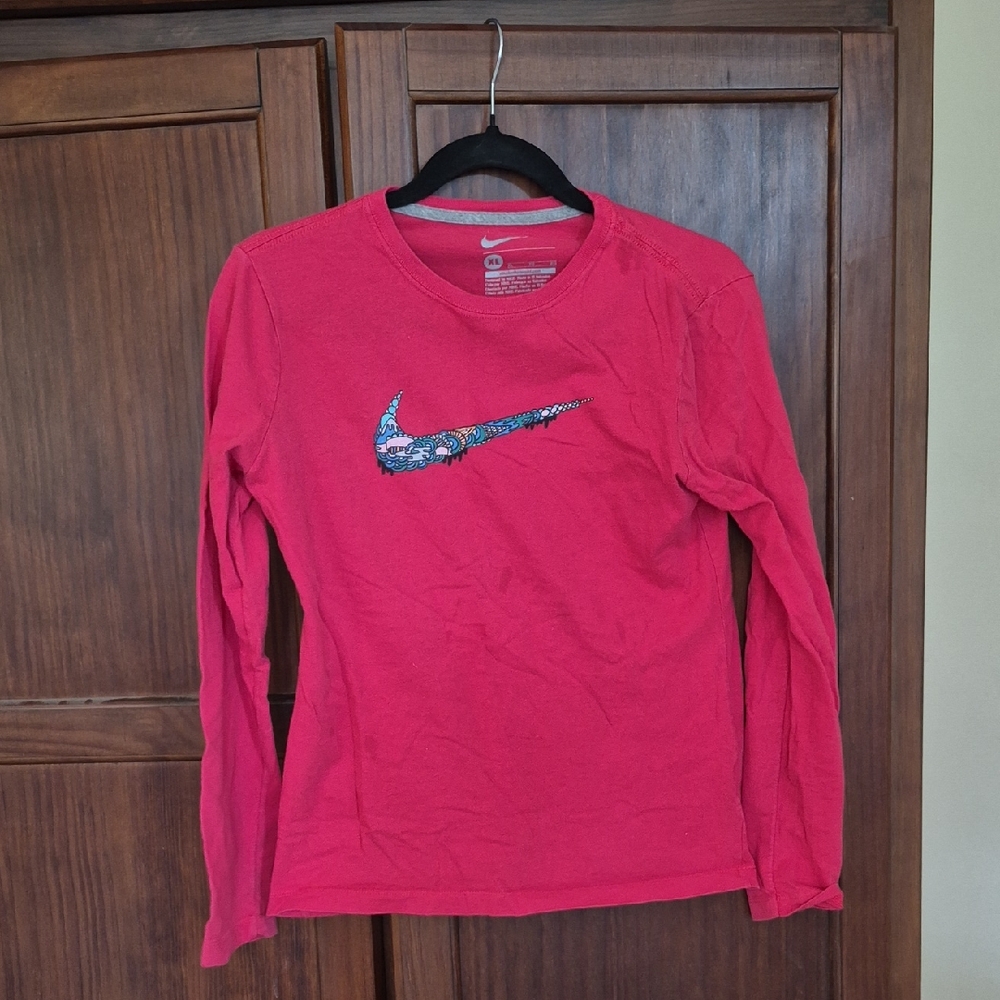 Nike Girls' Bright Pink Long-Sleeve Tee with Patterned Swoosh